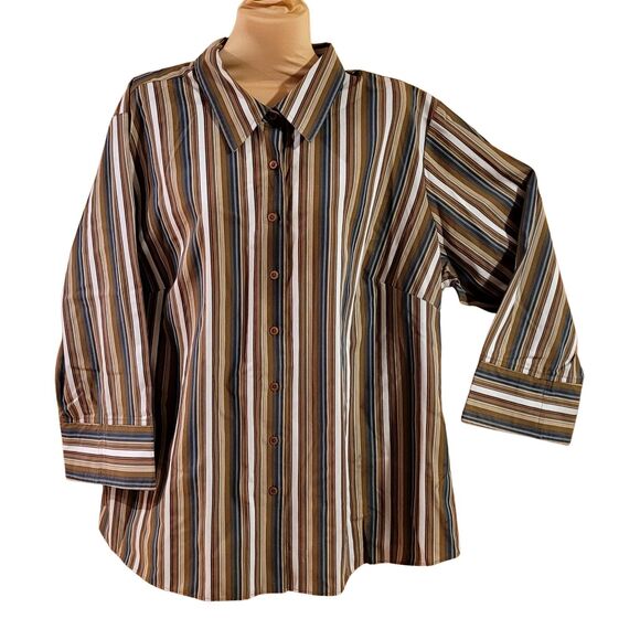 Westbound Woman 20W Plus Wrinkle Free Button Up Tan Navy Cream Stripe 3/4 Sleeve - Picture 1 of 6
